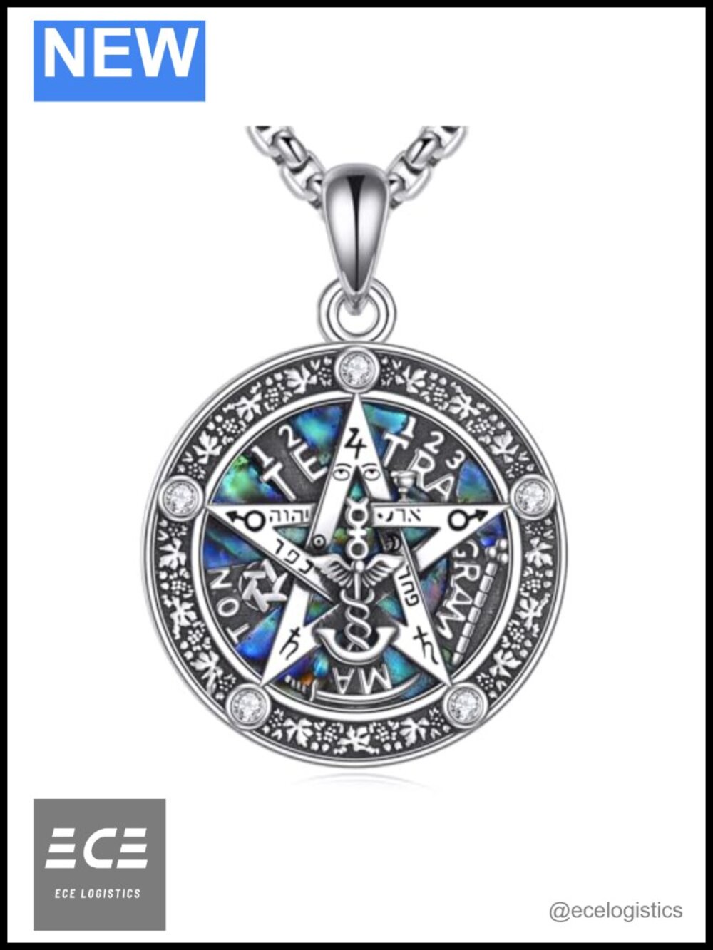 925 Sterling Silver Tetragrammaton Pentagram Necklace Lab Grown Diamond